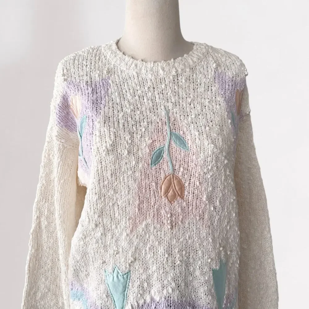 Vintage 80s Coquette Embroidered Sweater Pastel Cottagecore Grandmacore Knit M - Picture 6 of 10